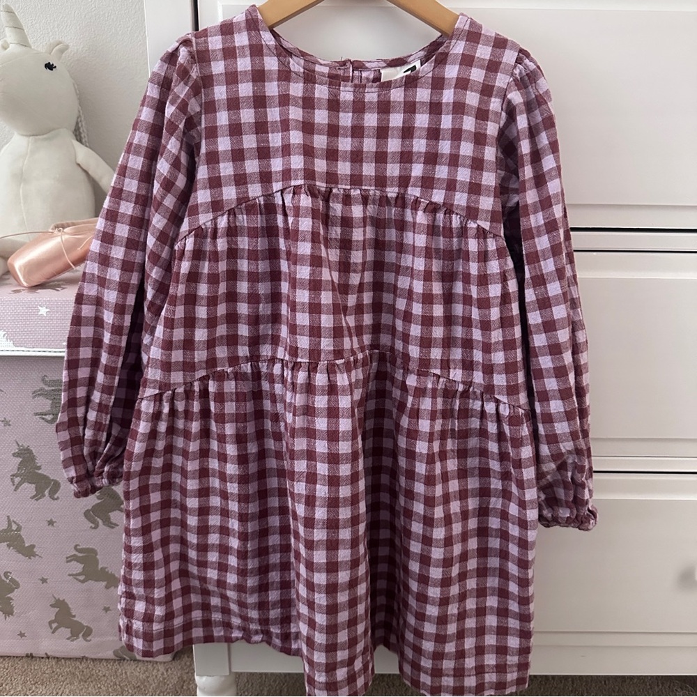 SOLD ON XP Cotton On White and Purple Gingham Tiered Cuffed Sleeves Dress
